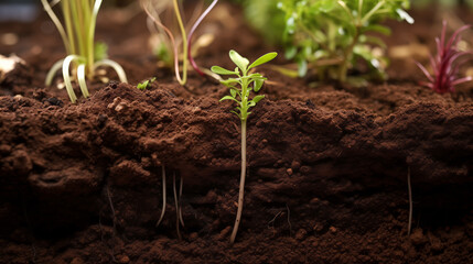 Close up of a seedling in rich soil, detailed root visibility