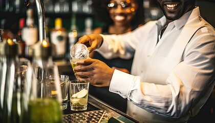 Bartender pouring alcohol from the bottle into the glasses , Happy friends group hanging out on weekend night at cocktail bar venue , Life style concept with barman making drinks and serves customers