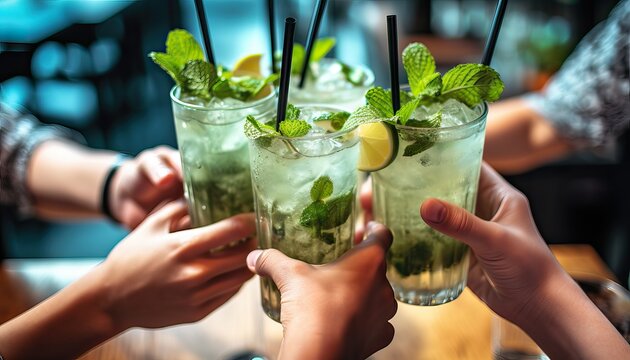 Happy friends group cheering mojito drinks at fancy bar restaurant , Young people having fun toasting cocktail glasses enjoying happy hour at rooftop pub , Party time, life style and youth