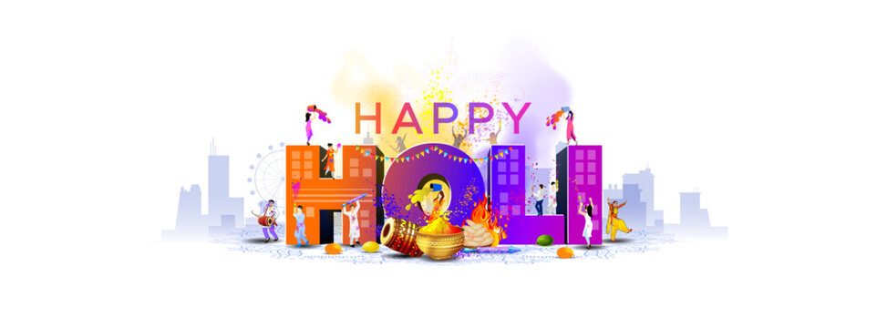 Holi color festival of India. Happy Holi 3d text with colorful splash background, city building skyline look and people playing Holi.