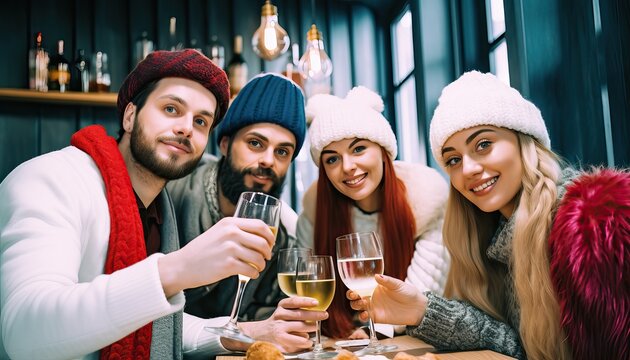 Happy friends celebrating Christmas and new year eve party together , Cheerful young people holding wine glasses taking selfie picture sitting at bar restaurant , Beverage and winter holiday