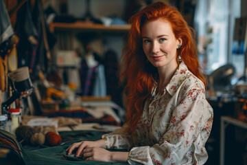 Obraz premium Young smiling Kankasian woman, fashion designer and stylist in her atelier