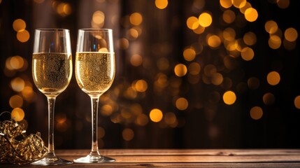 new year nwt champagne glasses on a wooden table, in the style of bright backgrounds, dark gold...