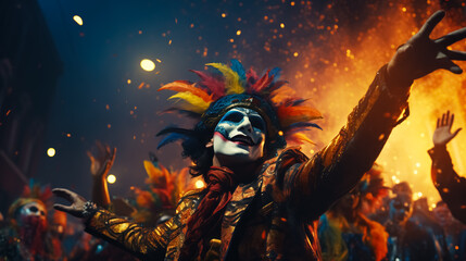 Man with Festive Makeup and Headdress with Colorful Feathers Masquerade Carnival Night. Background Celebrating Crowd People and Bright Fireworkss. Traditional Holiday Pageant and Mardi Gras Parade