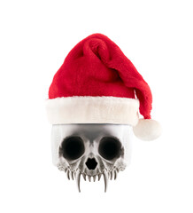 Vampire skull with Santa Claus red hat isolated on white background