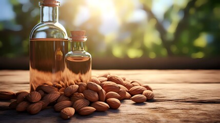 Almond oil in a bottle and almonds on a wooden table. - obrazy, fototapety, plakaty