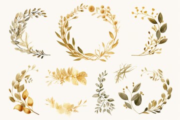 Indulge in the exquisite beauty of this stunning assortment of luxury botanical gold wedding frame elements. Each circular design is meticulously crafted with delicate glitters, graceful leaf branches