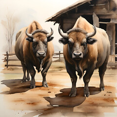 Watercolor Buffaloes, generaitve ai