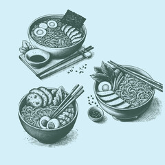 Handdrawn Illustrations of Ramen Bowls in vintage style