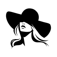 Portret pięknej kobiety w eleganckim kapeluszu z szerokim rondem. Młoda dziewczyna narysowana w minimalistycznym stylu. Ilustracja wektorowa High Fashion.	
 - obrazy, fototapety, plakaty