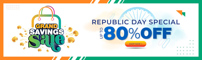 Vector shopping website banner, advertising sales promotion big saving concept design for India republic day. Upto 80% off discount offer deal.