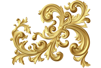 Golden baroque ornament elements isolated on white transparent background, png

