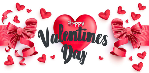 Lettering Valentine's day greeting card. Valentines day background with red hearts and typography of happy valentines day text