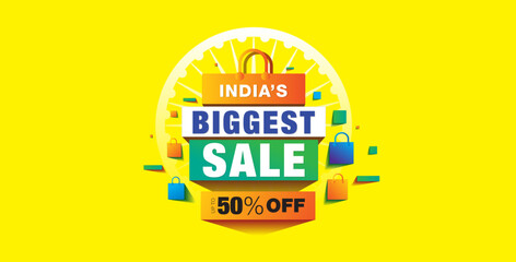 Editable Vector File for Advertisment and Shopping concept design for Republic day of India. Indian biggest sale text with 3d tricolor Shopping bag.