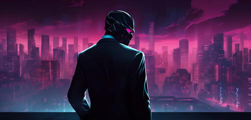 Faceless executive on a neon-lit city skyline, contemplating the choice of a symbolic mask.