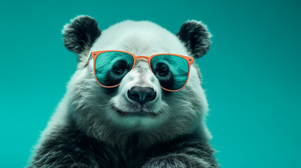 A panda wearing sunglasses in front of a turquoise background.