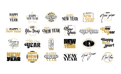 Happy new year lettering card. Gold and black.