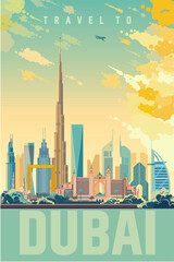 Dubai city landmark vector retro poster design