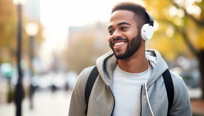 A black young smiling man with white headphones in casual clothes outside, copy space