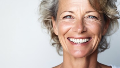 smiling older woman with grey hair white teeth and laughing eyes in front of a bright background in studio high key, copy space