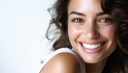 high key shot of a young positive smiling tanned woman with bright white teeth