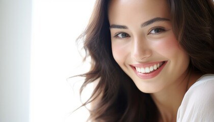 High key shot of a happy smiling young woman with brown hair in front of a white background, copy space