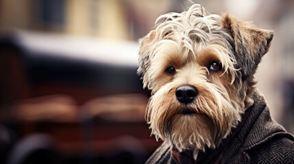 Serious dog dressed in a coat like a man, close up photo