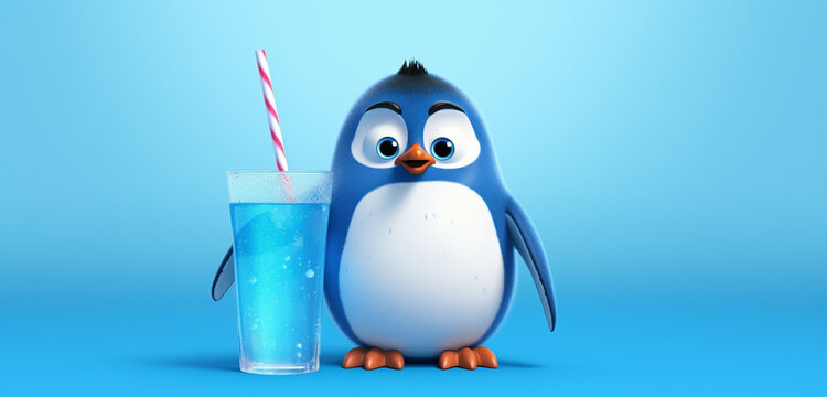 Hilarious cartoon penguin, accidentally painted blue, stands next to a glass with charming tassels on a clean background.