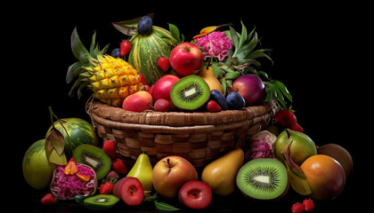 Freshness of fruit basket pineapple, apple, grape, kiwi, orange, strawberry, banana, peach, grapefruit generated by AI