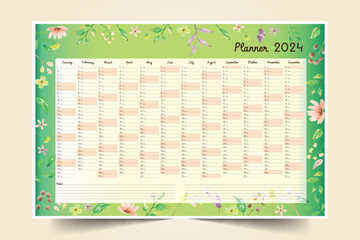watercolor annual 2024 calendar template design vector illustration