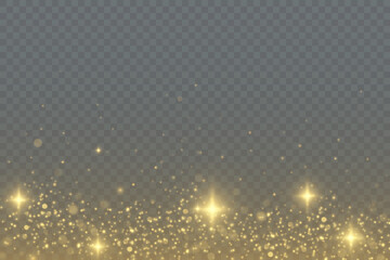 Golden sequins glow with many lights. Glittering dust. Luxurious background of golden particles. - obrazy, fototapety, plakaty