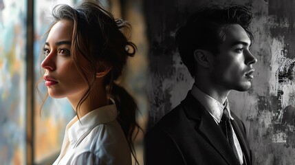 The essence of two individuals in contrasting styles, one in vivid color and the other in stark monochrome, symbolizing the multifaceted nature of identity.