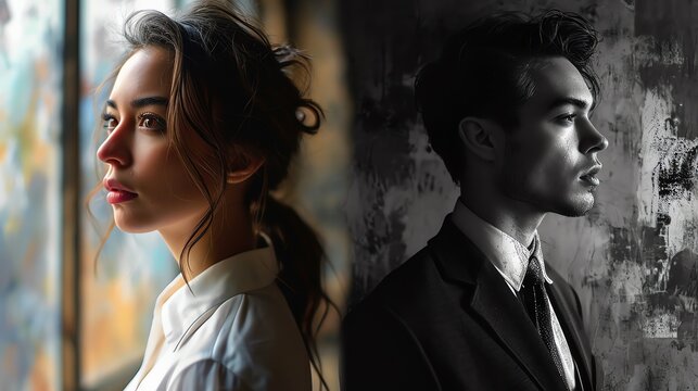 The essence of two individuals in contrasting styles, one in vivid color and the other in stark monochrome, symbolizing the multifaceted nature of identity.