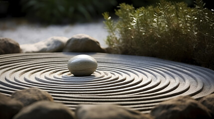 Fototapeta na wymiar Elegant Zen garden with raked sand and a central stone creating a tranquil ambiance. for wellness and meditation-related content, landscape design portfolios, and cultural publications.