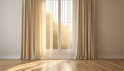 Sunlit window with billowing white curtain against beige wallpaper, evoking serenity and warmth - obrazy, fototapety, plakaty