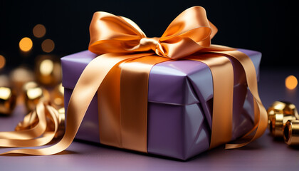 Shiny gold gift box wrapped in glittery wrapping paper generated by AI