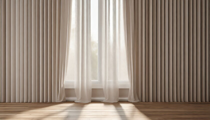 Sunlit window with billowing white curtain against beige wallpaper, evoking serenity and warmth