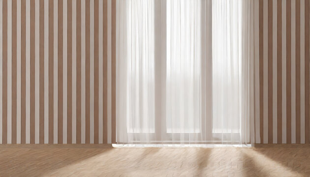 Sunlit window with billowing white curtain against beige wallpaper, evoking serenity and warmth © Your Hand Please