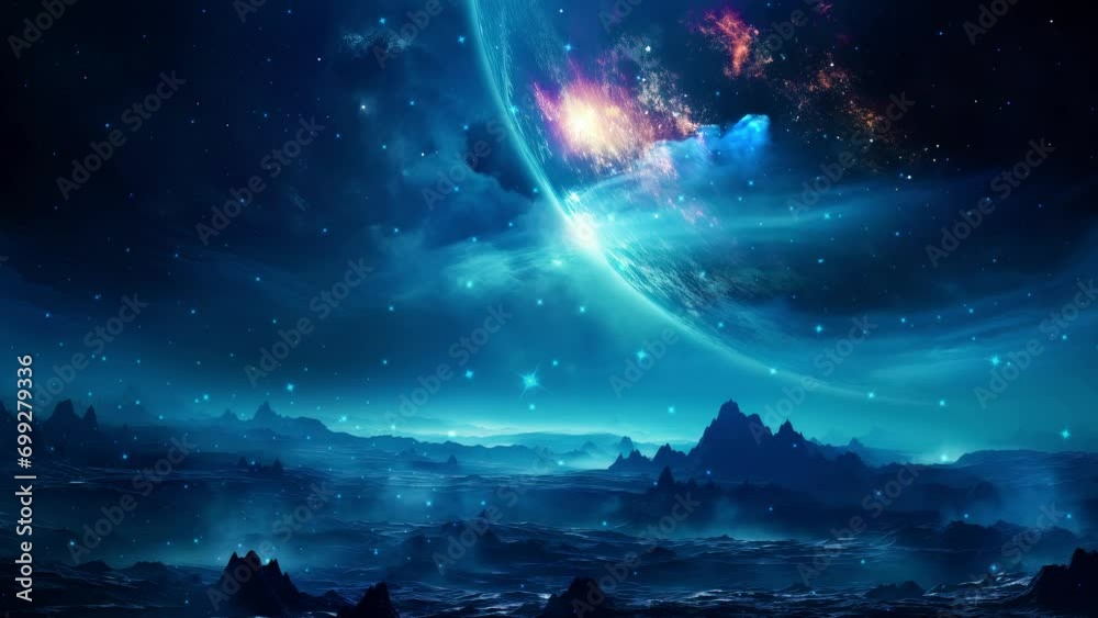 Wall mural galaxy and nebula. flying near the blue planet. abstract space background. endless universe with sta