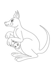 Coloring pages. Mother kangaroo with her little cute baby.