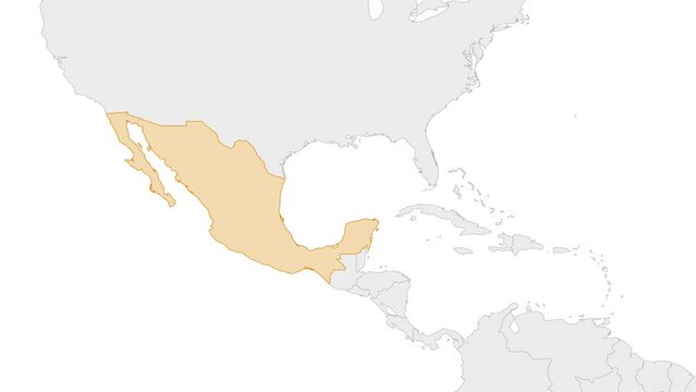 Animation of Mexico country map on the world map. Animation of map zoom in with border and marking of major cities and capital of the country Mexico. Background with alpha channel. Motion design.