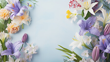 Elegance of spring with iris and lilies in an artistic flat lay, leaving room for creative text.