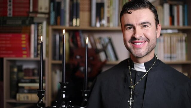 Priest holding with spooky demon in the background 