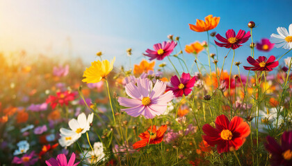 Fototapeta na wymiar Vibrant multicolored cosmos flowers bloom in a sunlit meadow against a clear blue sky, representing the beauty of nature in spring