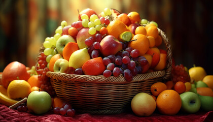 Obraz premium Freshness of nature bounty basket of organic, multi colored, ripe fruits generated by AI