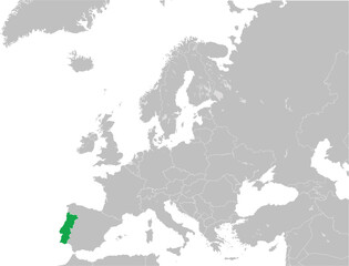 Green CMYK national map of PORTUGAL inside detailed gray blank political map of European continent with lakes on transparent background using Mercator projection
