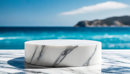 White marble podium against serene sea backdrop, symbolizing success and tranquility