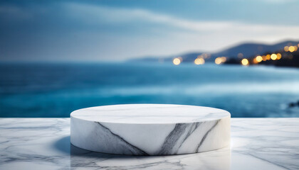 Fototapeta na wymiar White marble podium against serene sea backdrop, symbolizing success and tranquility