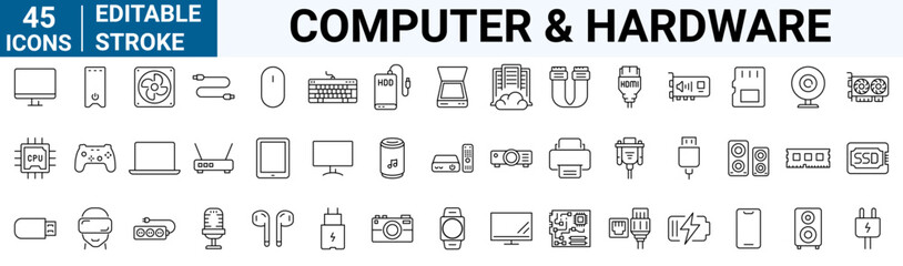 Computer and Hardware line web icons. PC, such as RAM memory, hdd, ssd cpu processor. Keyboard mouse headphone speakers, laptop monitor server. Webcam, printer. Editable stroke.