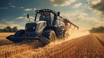 
Large powerful rural tractor advancing through wheat plantations for high productivity harvest